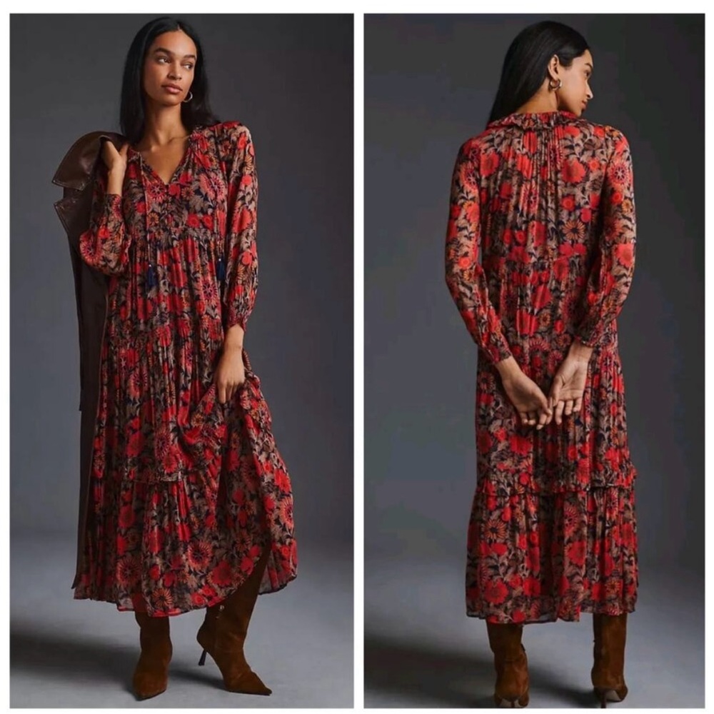 Anthropologie Boho Long Sleeve Floral Chiffon Maxi Dress